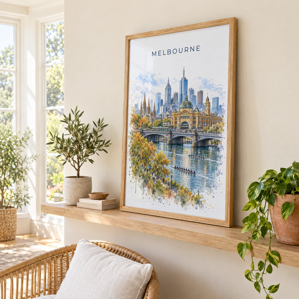 Melbourne watercolor print in an oak frame on a picture ledge in a sunlit sunroom