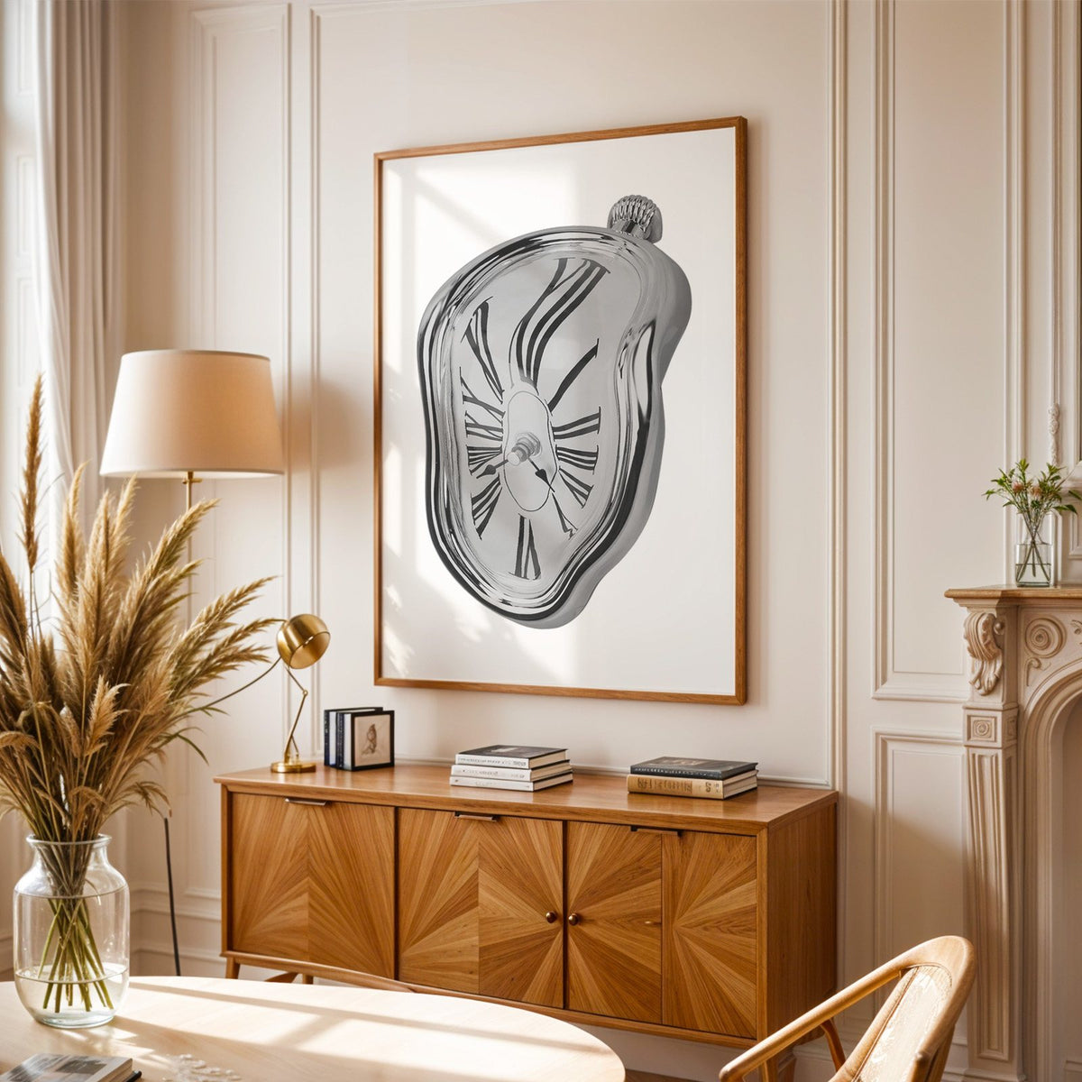 Melting silver clock with Roman numerals print in an oak frame above a sunburst wood sideboard with pampas grass