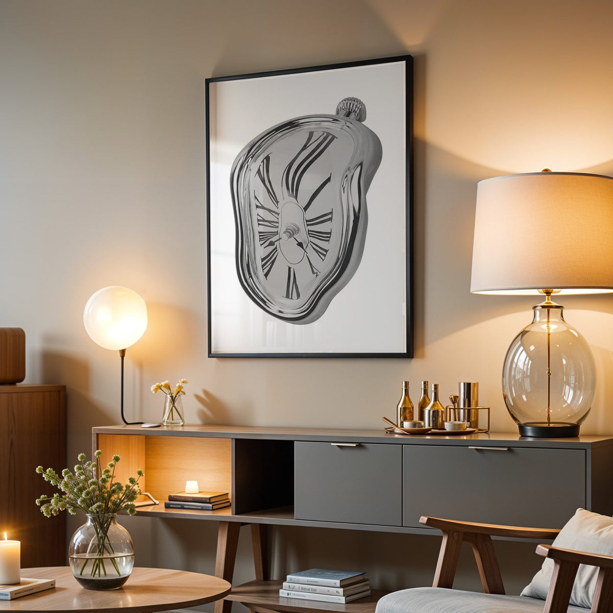 Melting silver clock with Roman numerals print in a black frame above a grey media console with a glass table lamp