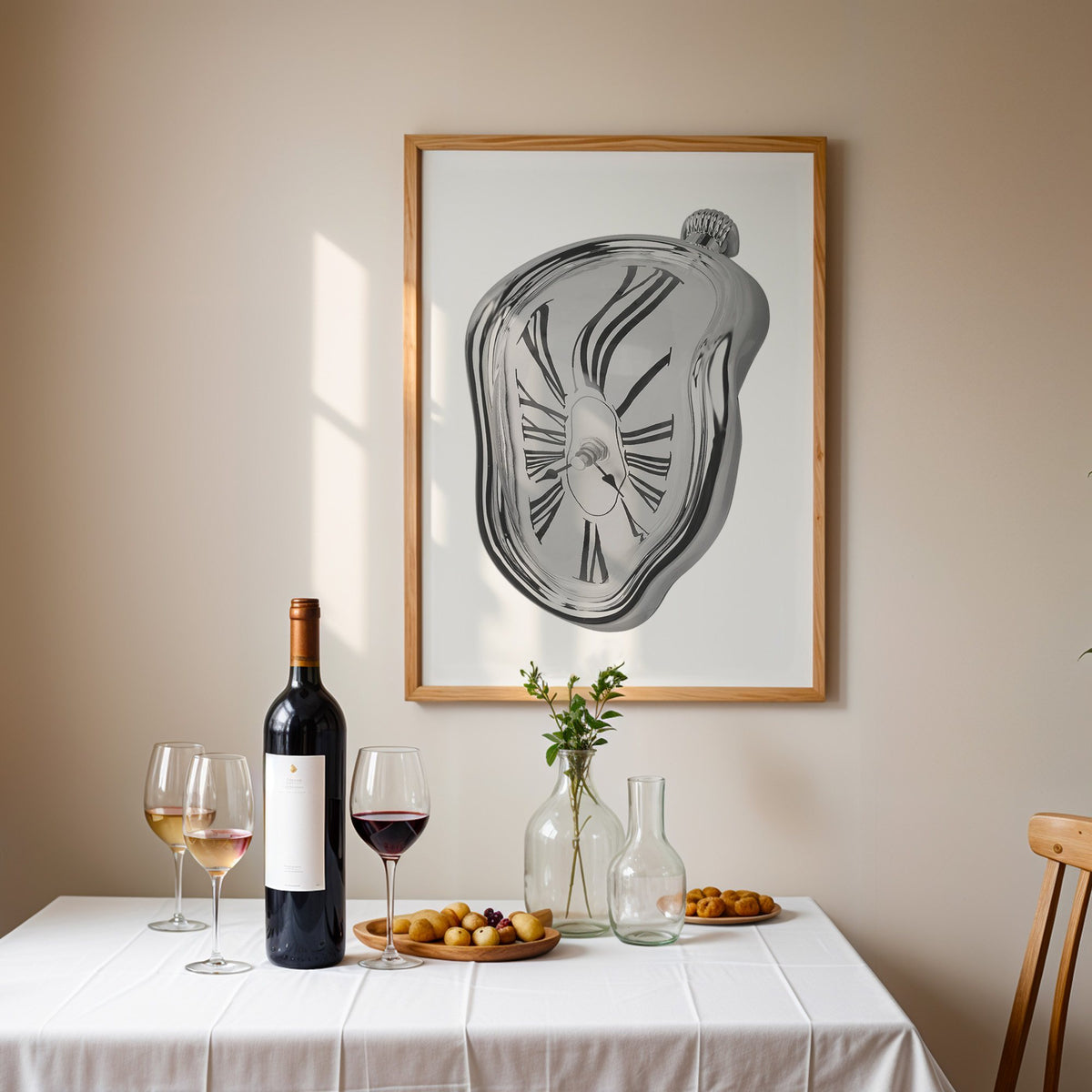 Melting silver clock with Roman numerals print in an oak frame above a table set with red wine and glasses