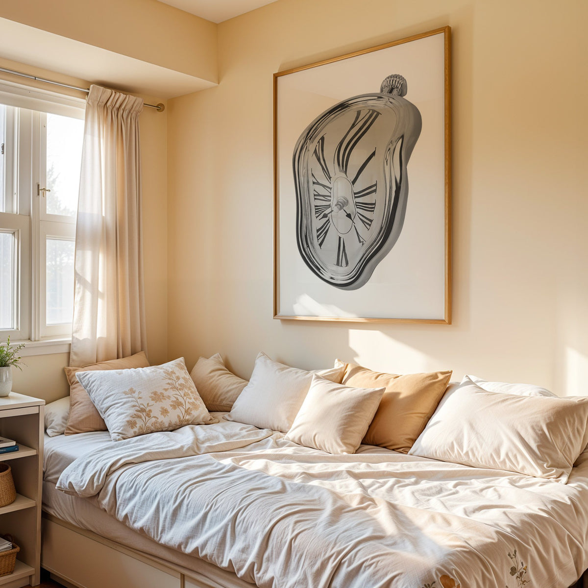 Melting silver clock with Roman numerals print in an oak frame above a cream daybed in a sunny bedroom