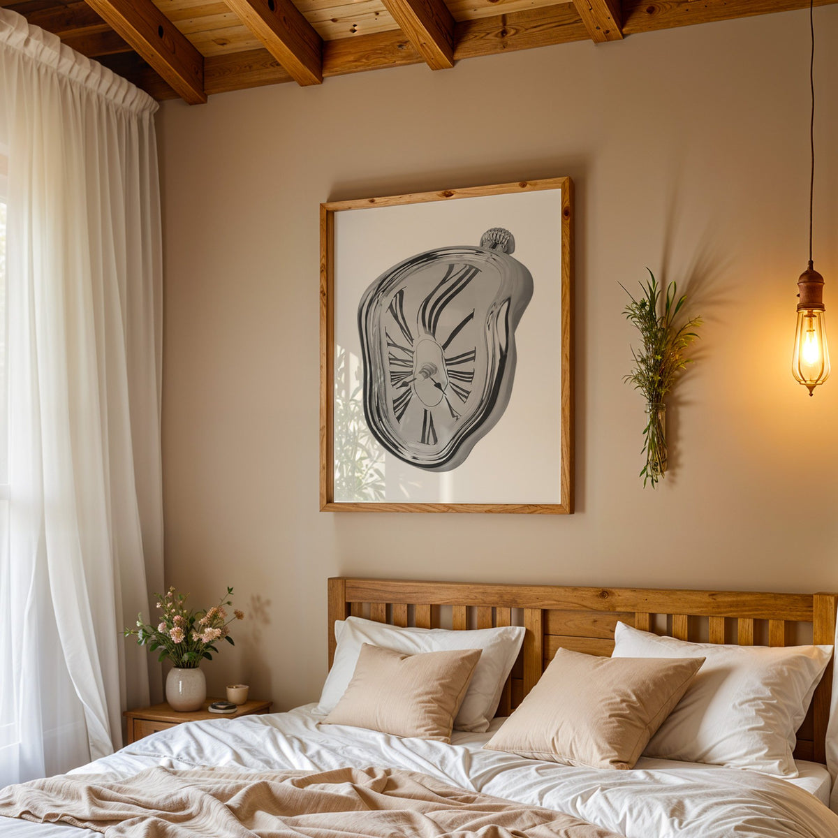 Melting silver clock with Roman numerals print in a pine frame above a wood headboard bed under a pendant bulb