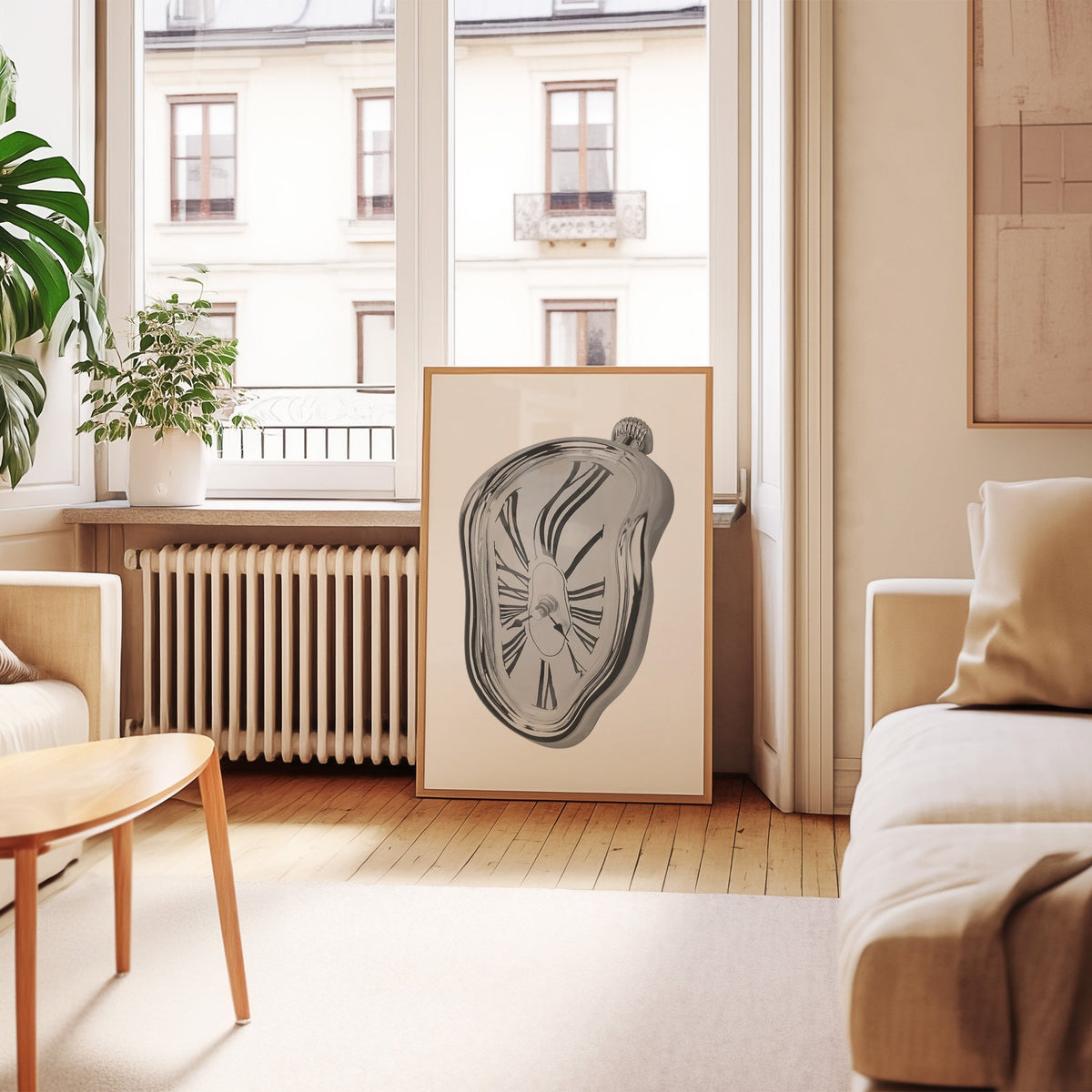 Melting silver clock with Roman numerals print in an oak frame leaning by a French window in a living room