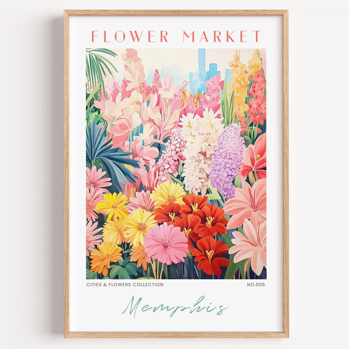 Memphis flower market print in a light oak frame on a plain white wall