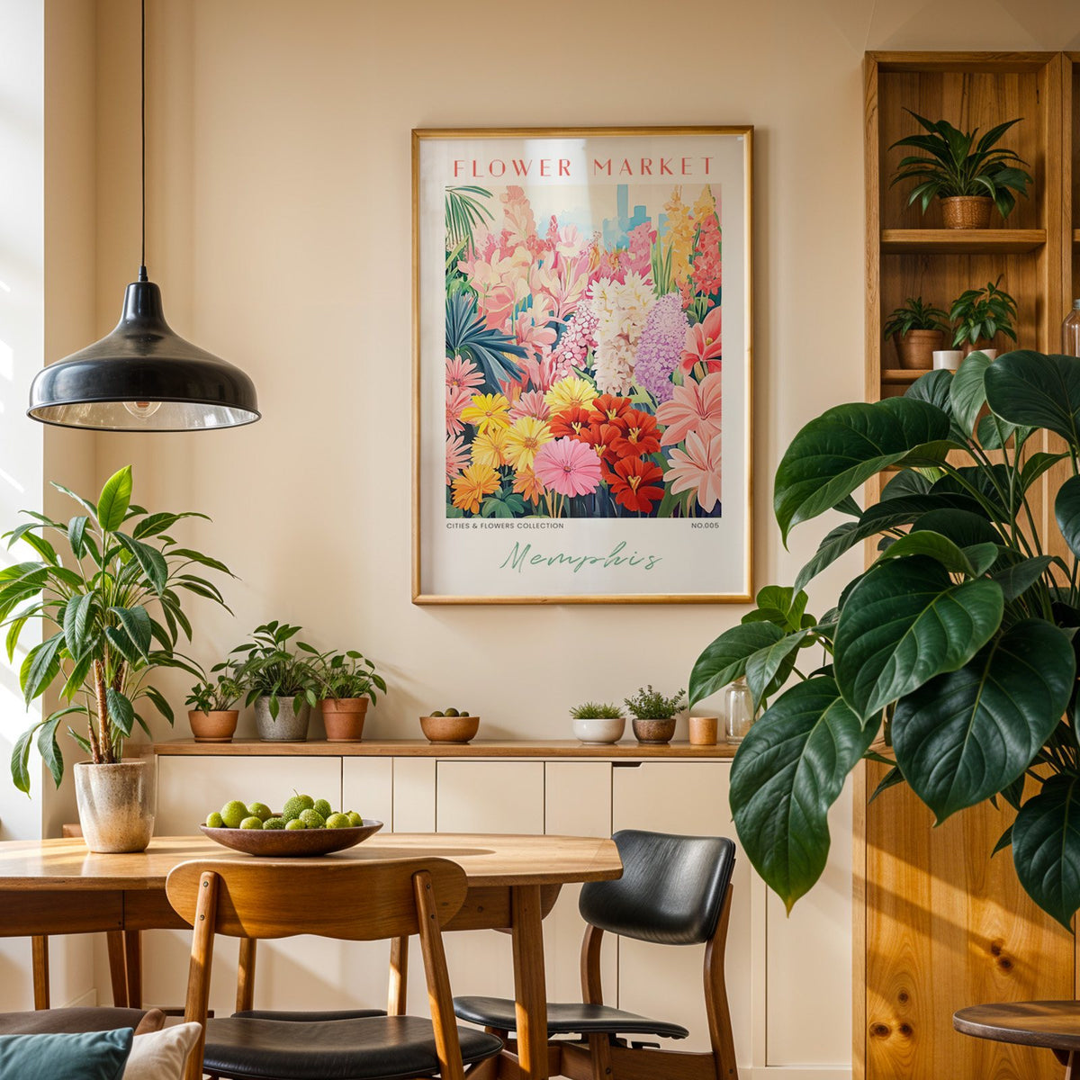 Memphis flower market print in an oak frame above a dining sideboard lined with potted plants
