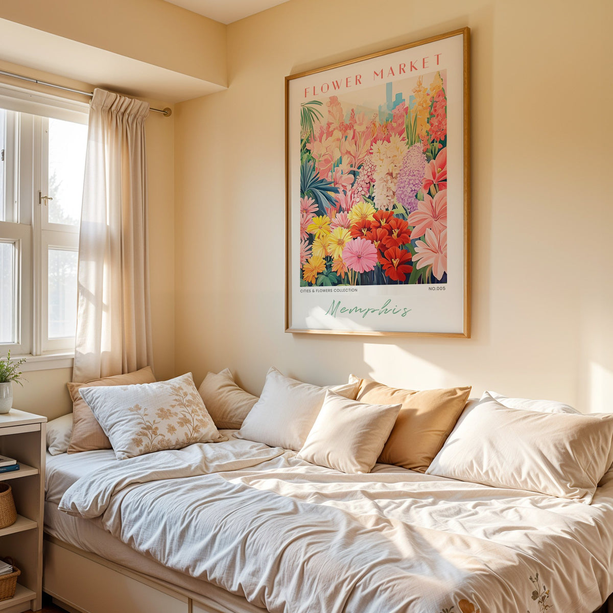 Memphis flower market print in an oak frame above a cream daybed in a sunny bedroom