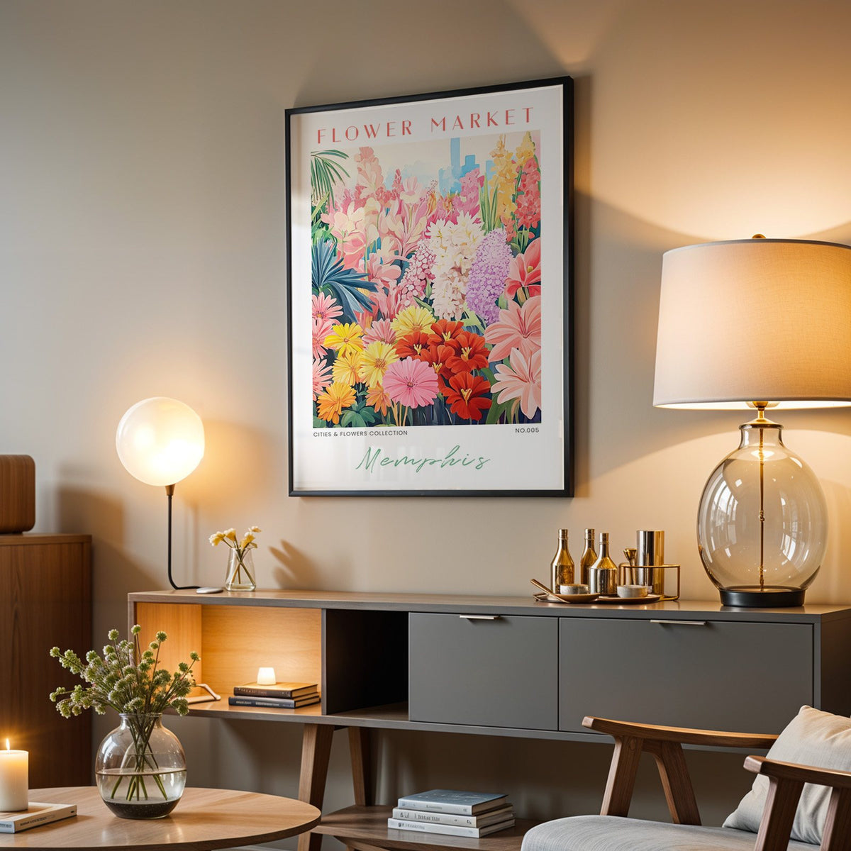 Memphis flower market print in a black frame above a grey media console with a glass table lamp