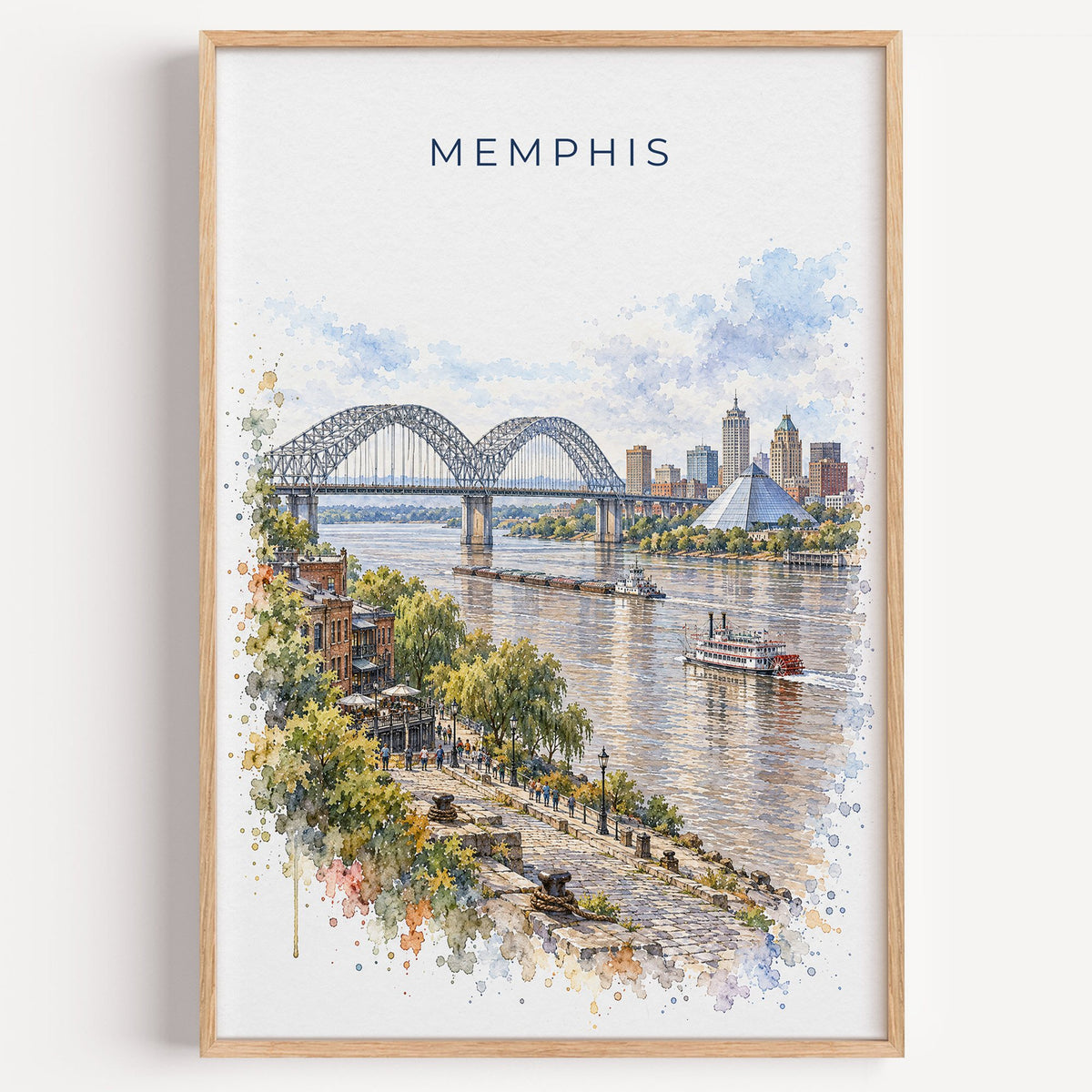 Memphis watercolor print in a light oak frame on a plain white wall