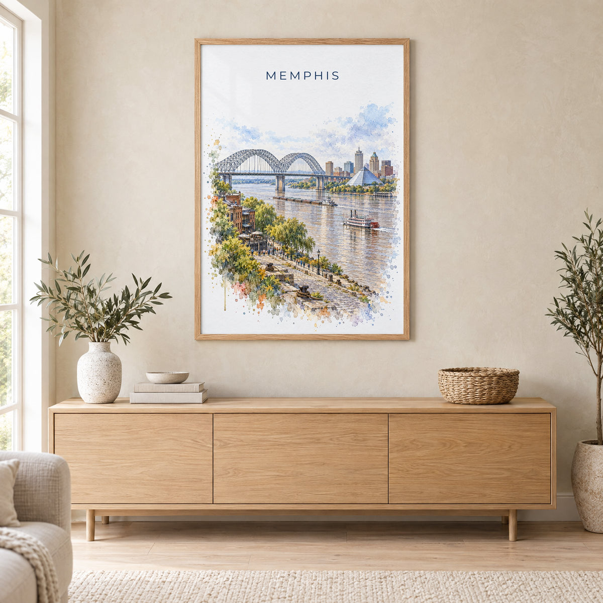 Memphis watercolor print in an oak frame above a light wood sideboard in a Scandinavian living room