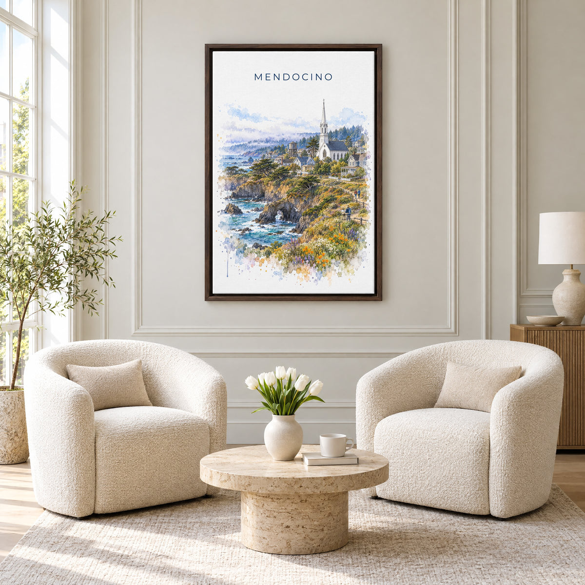 Mendocino watercolor print as an espresso floater canvas above two boucle armchairs in a hotel lounge