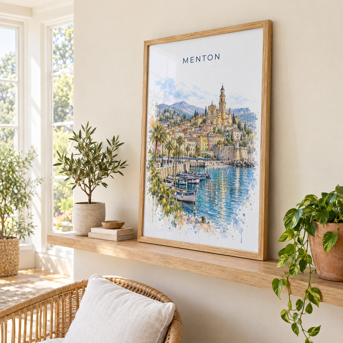 Menton watercolor print in an oak frame on a picture ledge in a sunlit sunroom