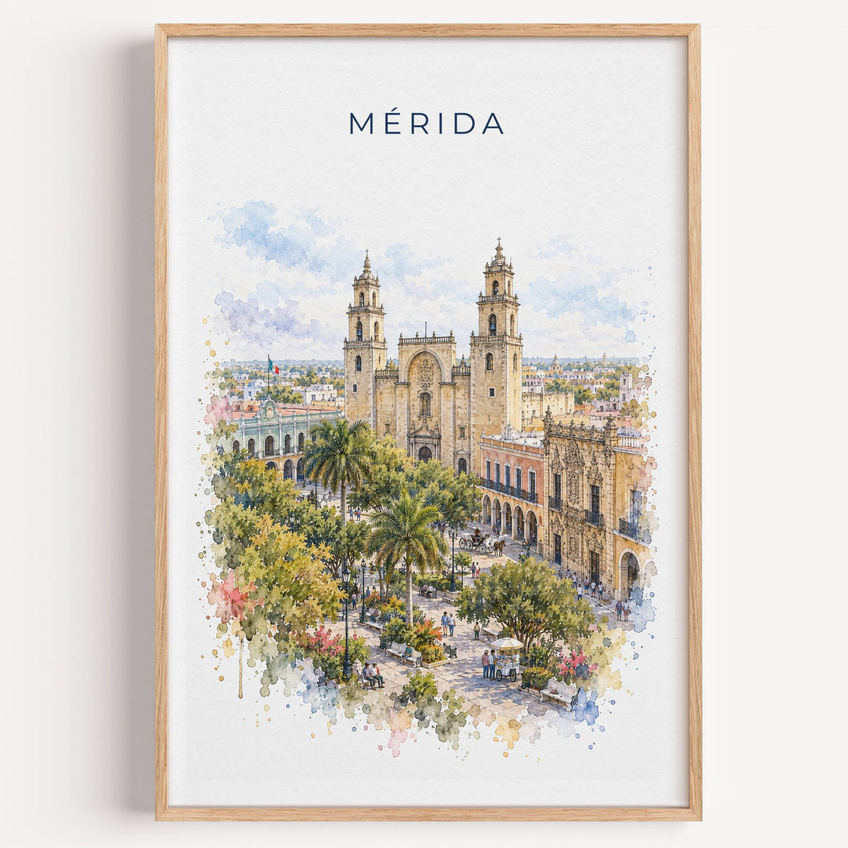 Merida, Mexico watercolor print in a light oak frame on a plain white wall
