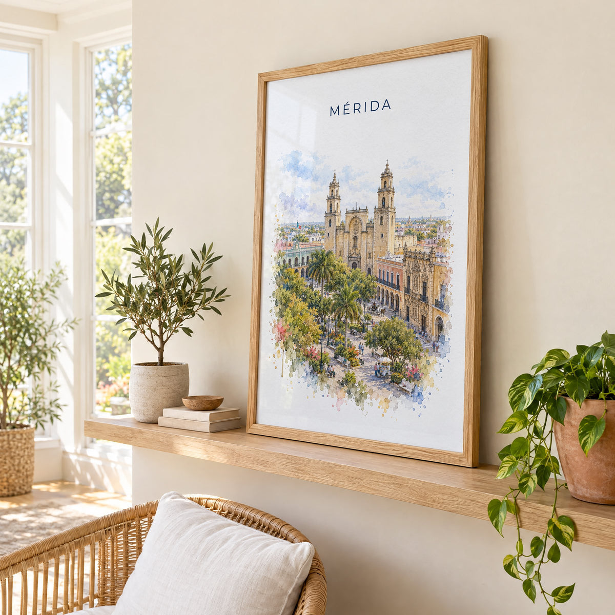 Merida, Mexico watercolor print in an oak frame on a picture ledge in a sunlit sunroom