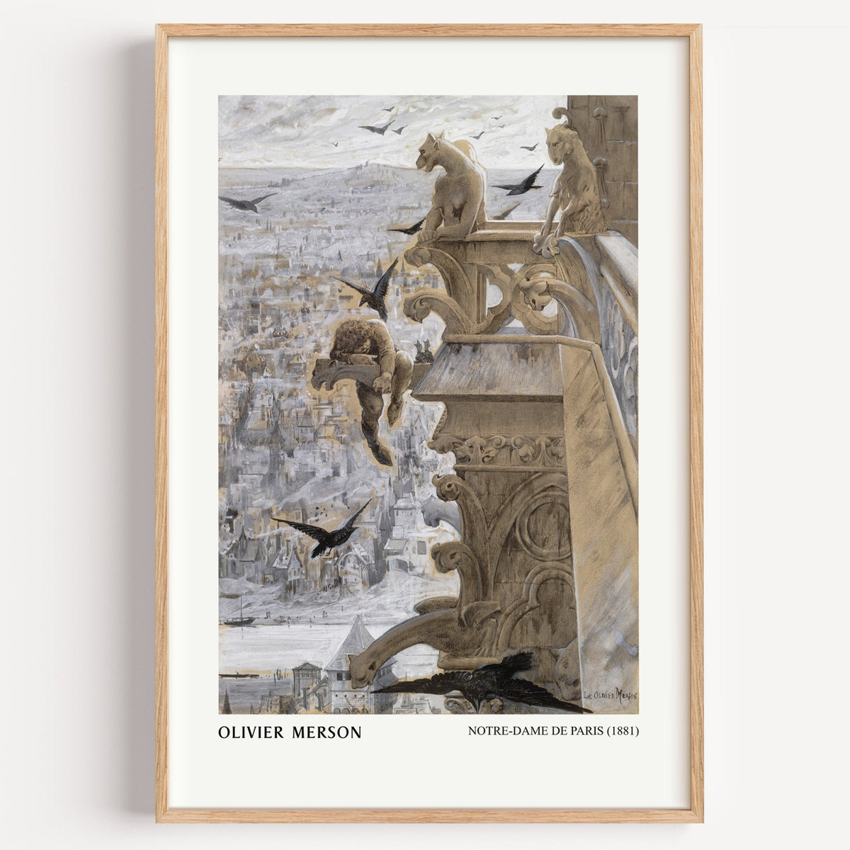 Olivier Merson Notre-Dame de Paris print in a light oak frame on a white wall