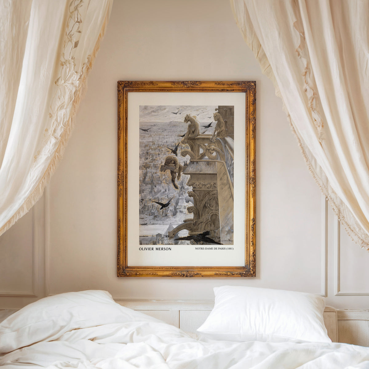 Notre-Dame de Paris print shown in a gold frame above a canopy bed