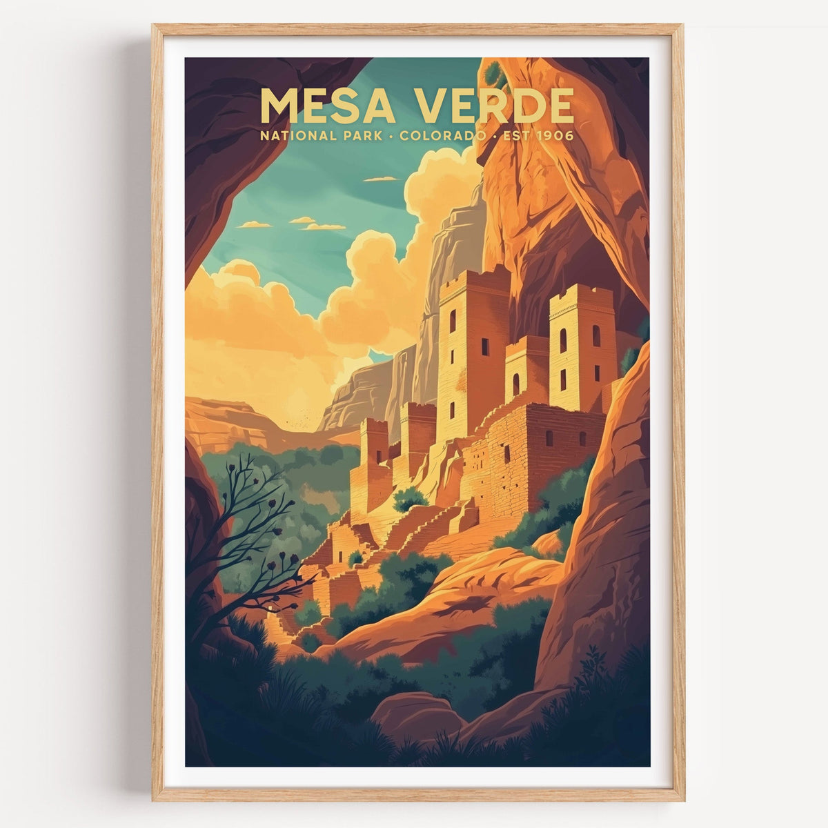 Mesa Verde National Park illustrated print: cliff dwellings inside a rock alcove, in an oak frame