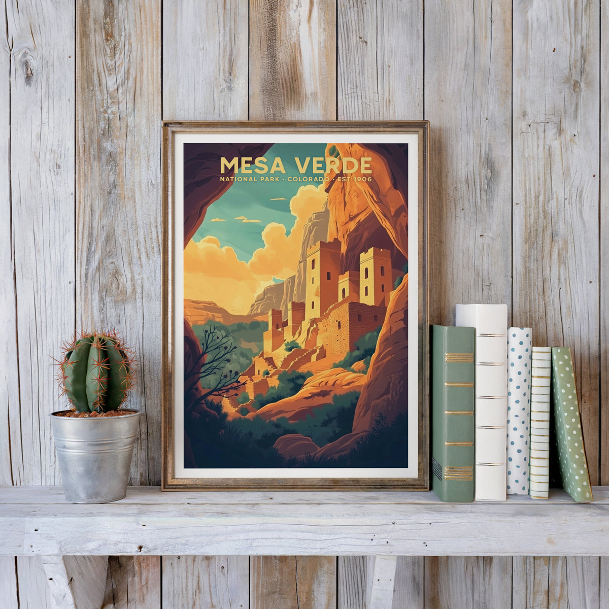 Mesa Verde poster in an antique gold frame against whitewashed farmhouse planks beside books and a cactus