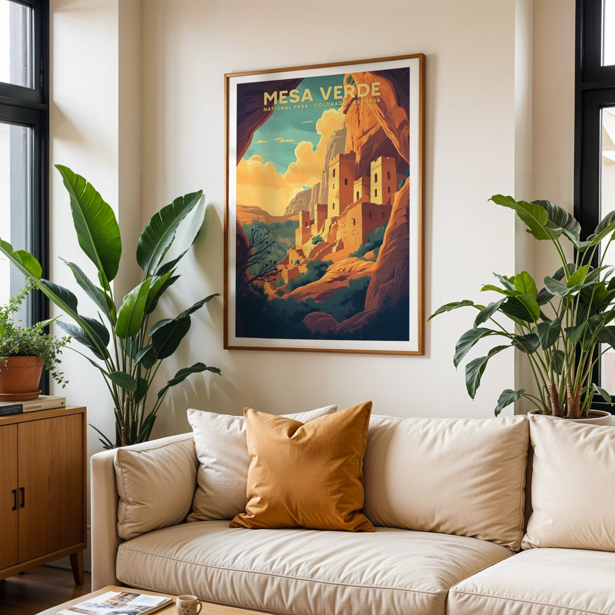 Mesa Verde National Park print in an oak frame above a cream living room sofa with an ochre cushion