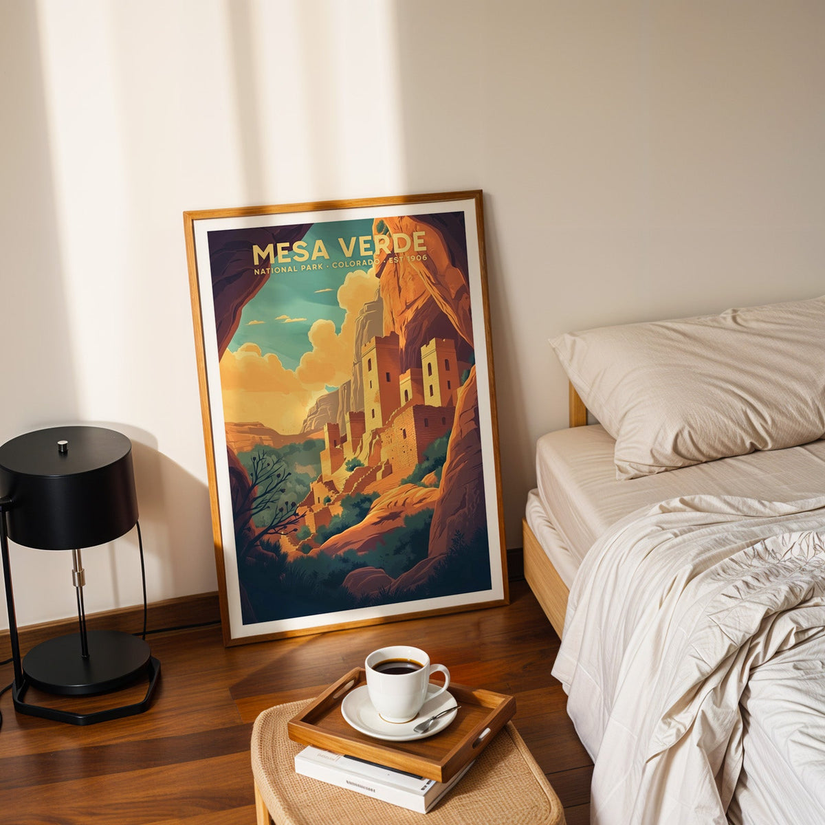 Mesa Verde National Park print in an oak frame leaning on a bedroom floor beside the bed and a coffee tray