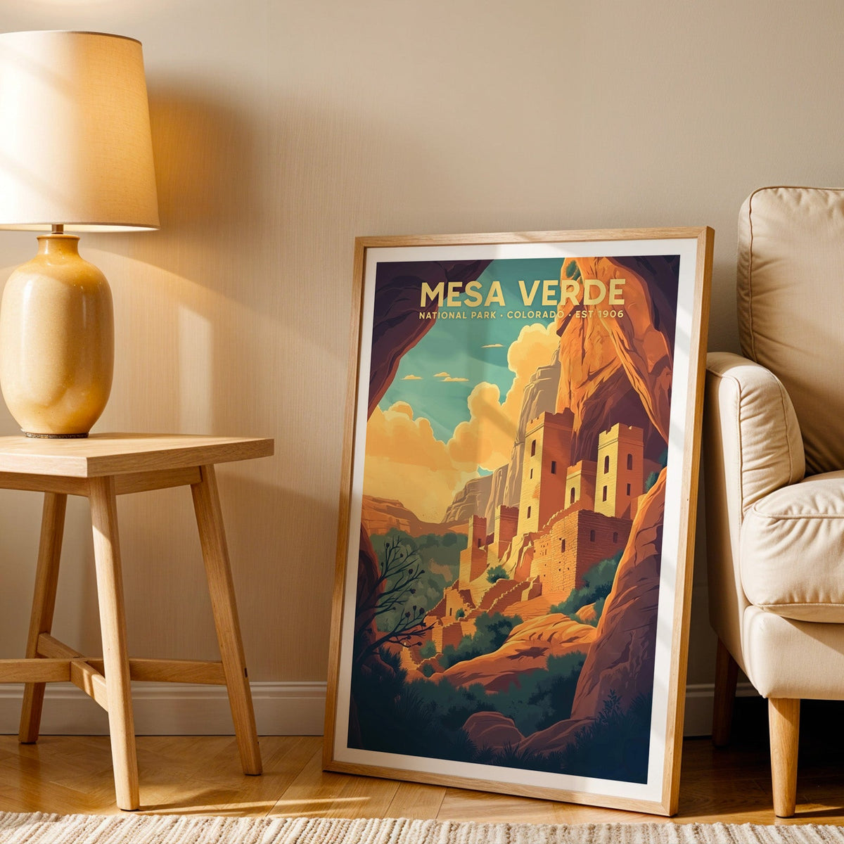 Mesa Verde print in an oak frame beside a cream armchair and an amber lamp in warm afternoon light