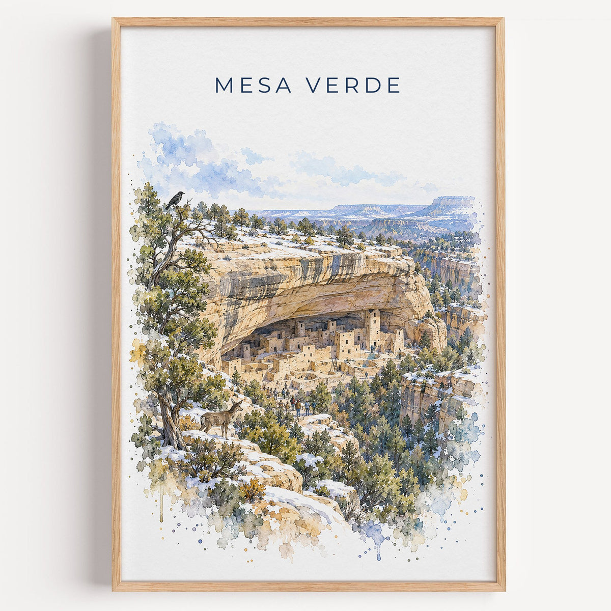 Mesa Verde National Park watercolor print in a light oak frame on a plain white wall