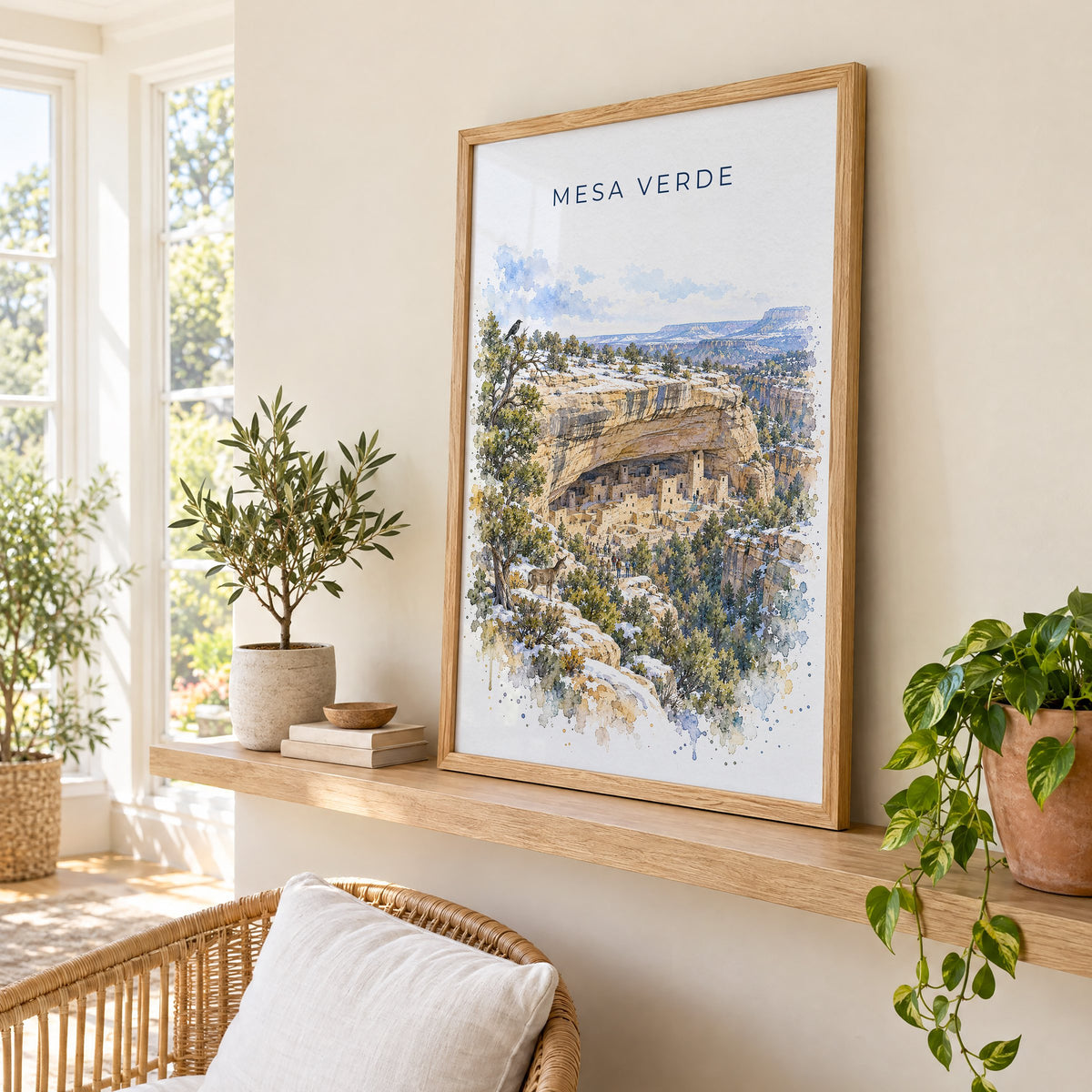 Mesa Verde National Park watercolor print in an oak frame on a picture ledge in a sunlit sunroom
