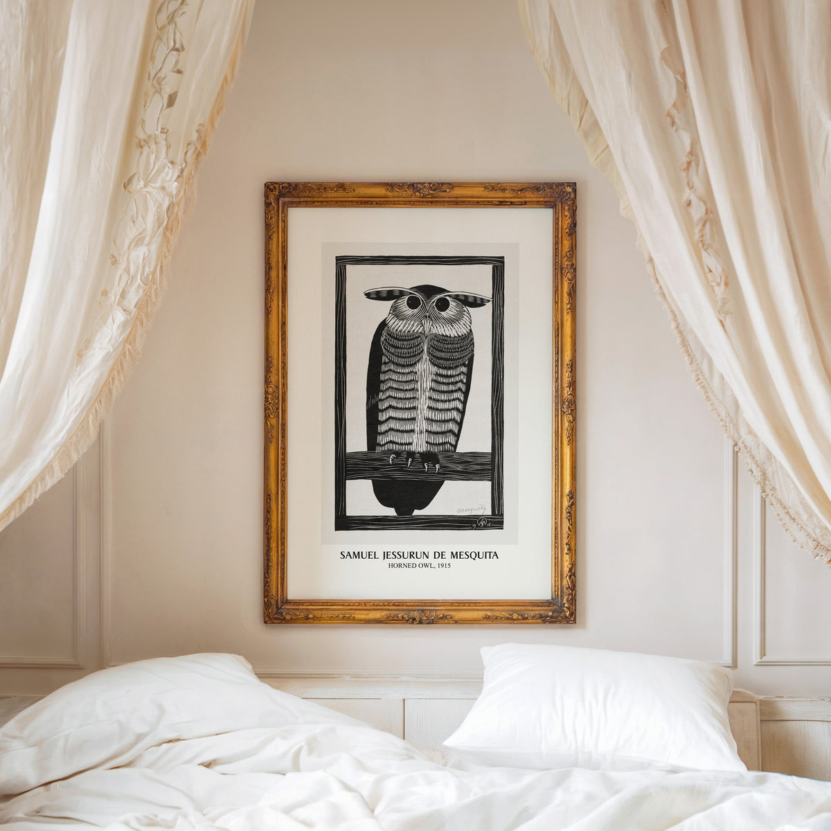Horned Owl print shown in an ornate gold frame above a canopy bed