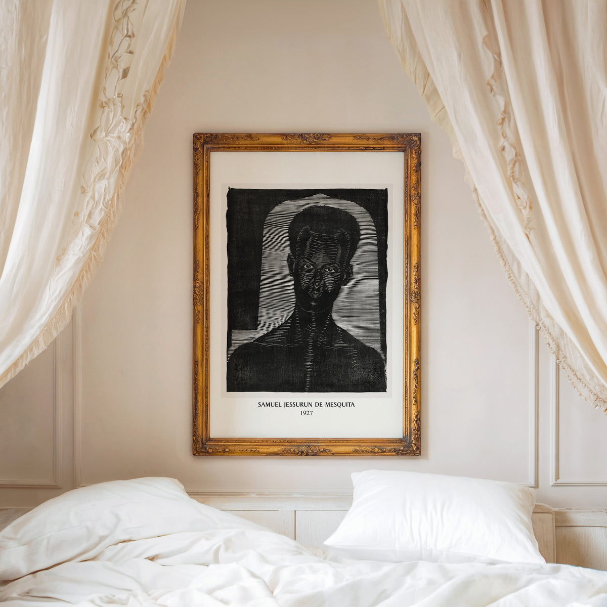 Woodcut portrait print shown in an ornate gold frame above a canopy bed