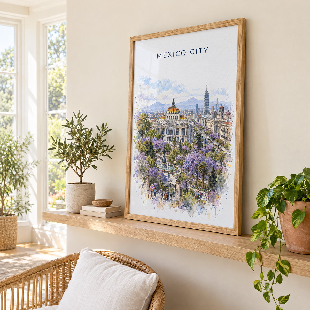 Mexico City watercolor print in an oak frame on a picture ledge in a sunlit sunroom
