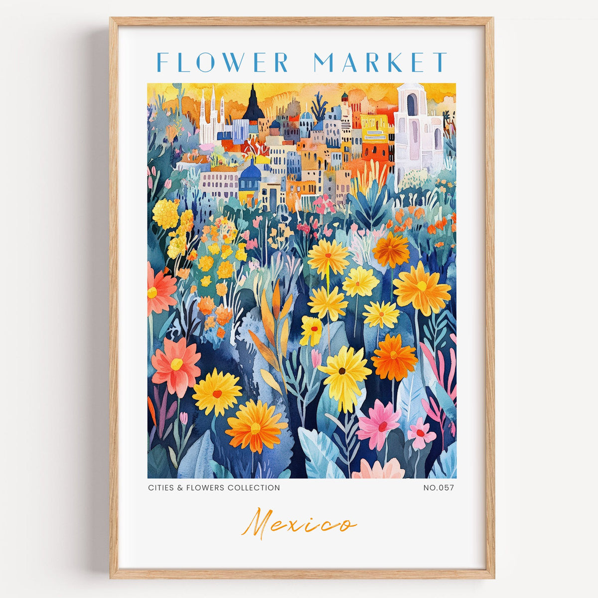 Mexico flower market print in a light oak frame on a plain white wall