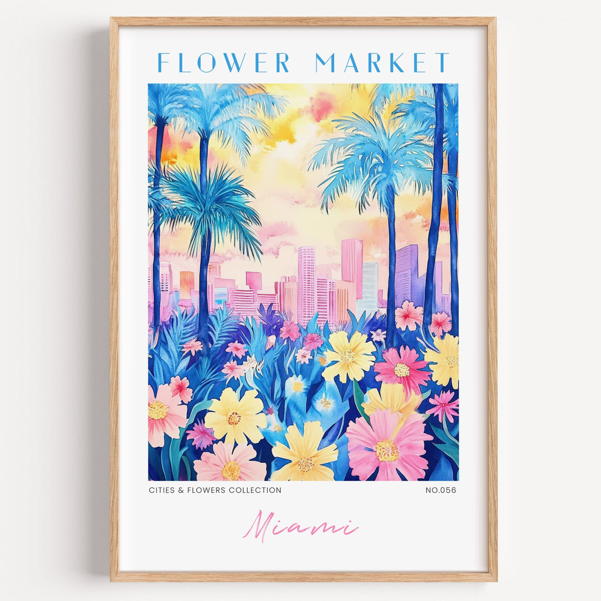 Miami flower market print in a light oak frame on a plain white wall