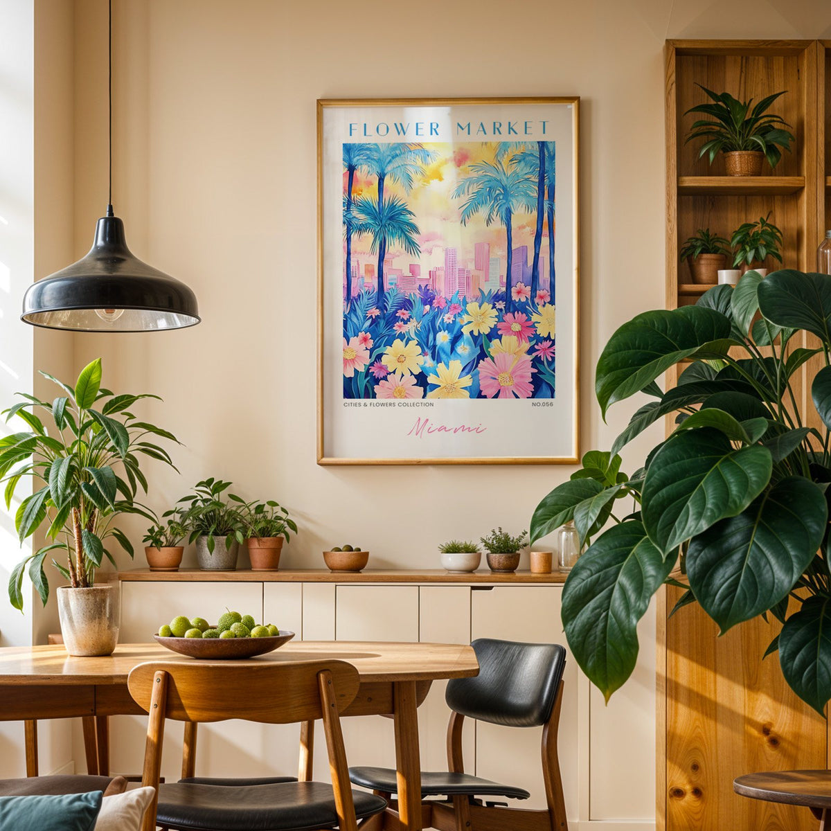 Miami flower market print in an oak frame above a dining sideboard lined with potted plants