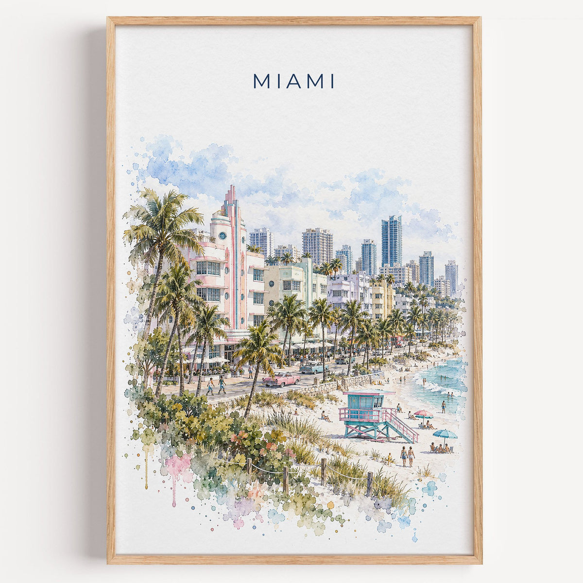 Miami watercolor print in a light oak frame on a plain white wall