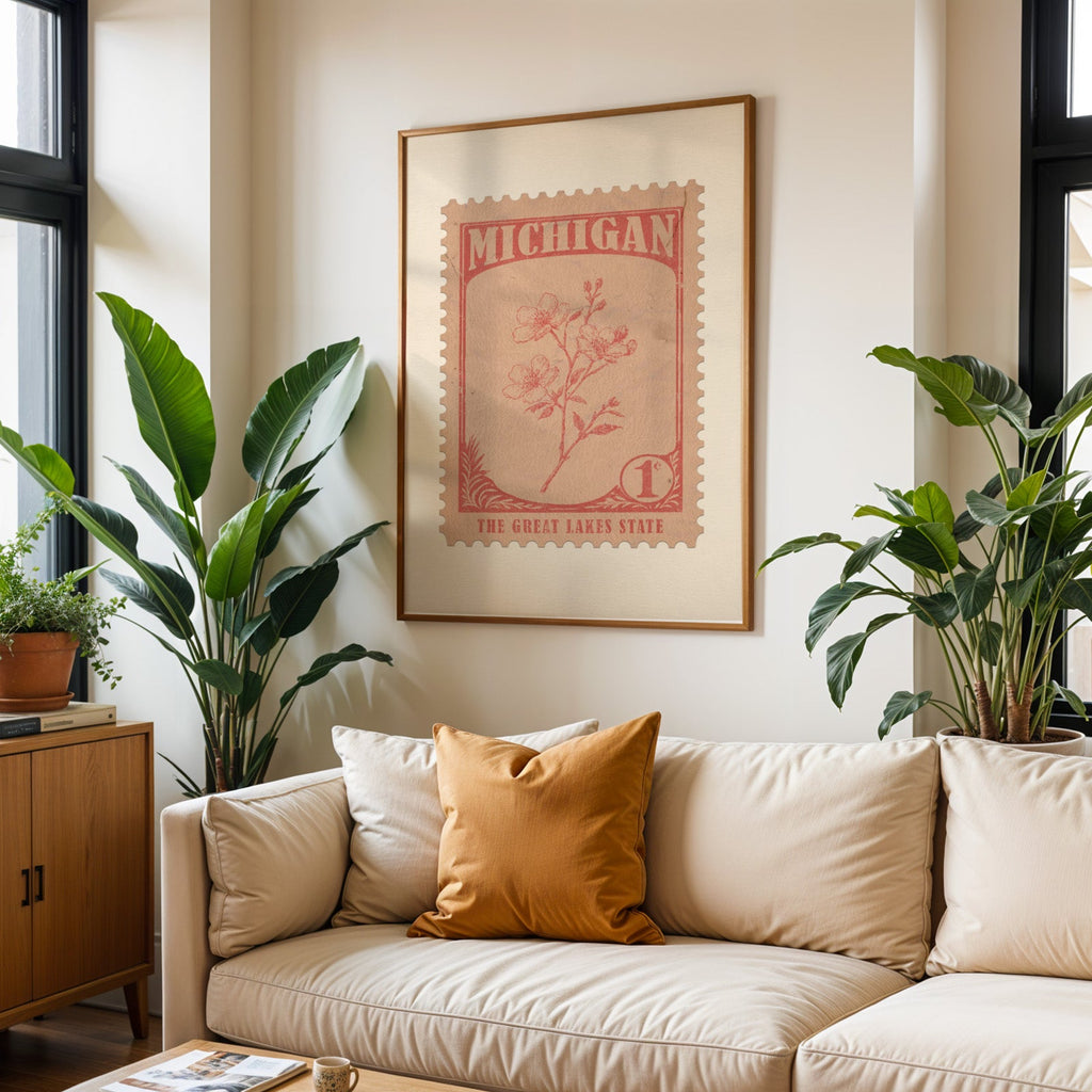 Michigan state flower print framed above a cream sofa with an ochre cushion and large plants either side
