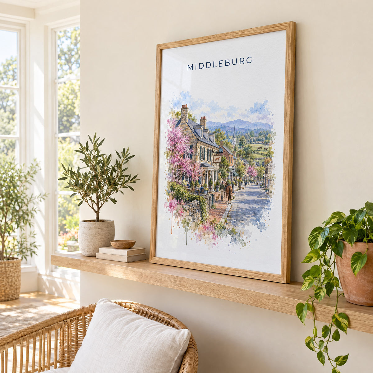 Middleburg, Virginia watercolor print in an oak frame on a picture ledge in a sunlit sunroom