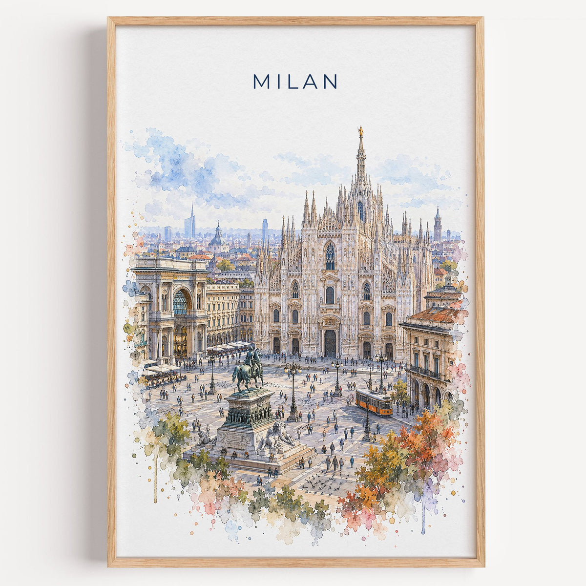 Milan watercolor print in a light oak frame on a plain white wall