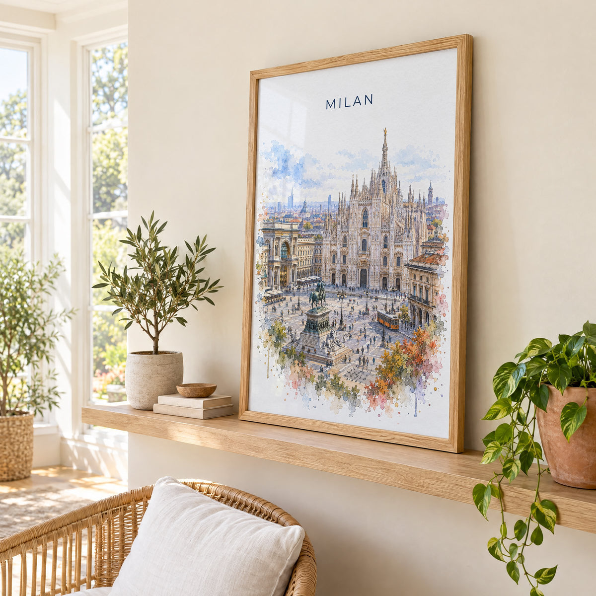 Milan watercolor print in an oak frame on a picture ledge in a sunlit sunroom