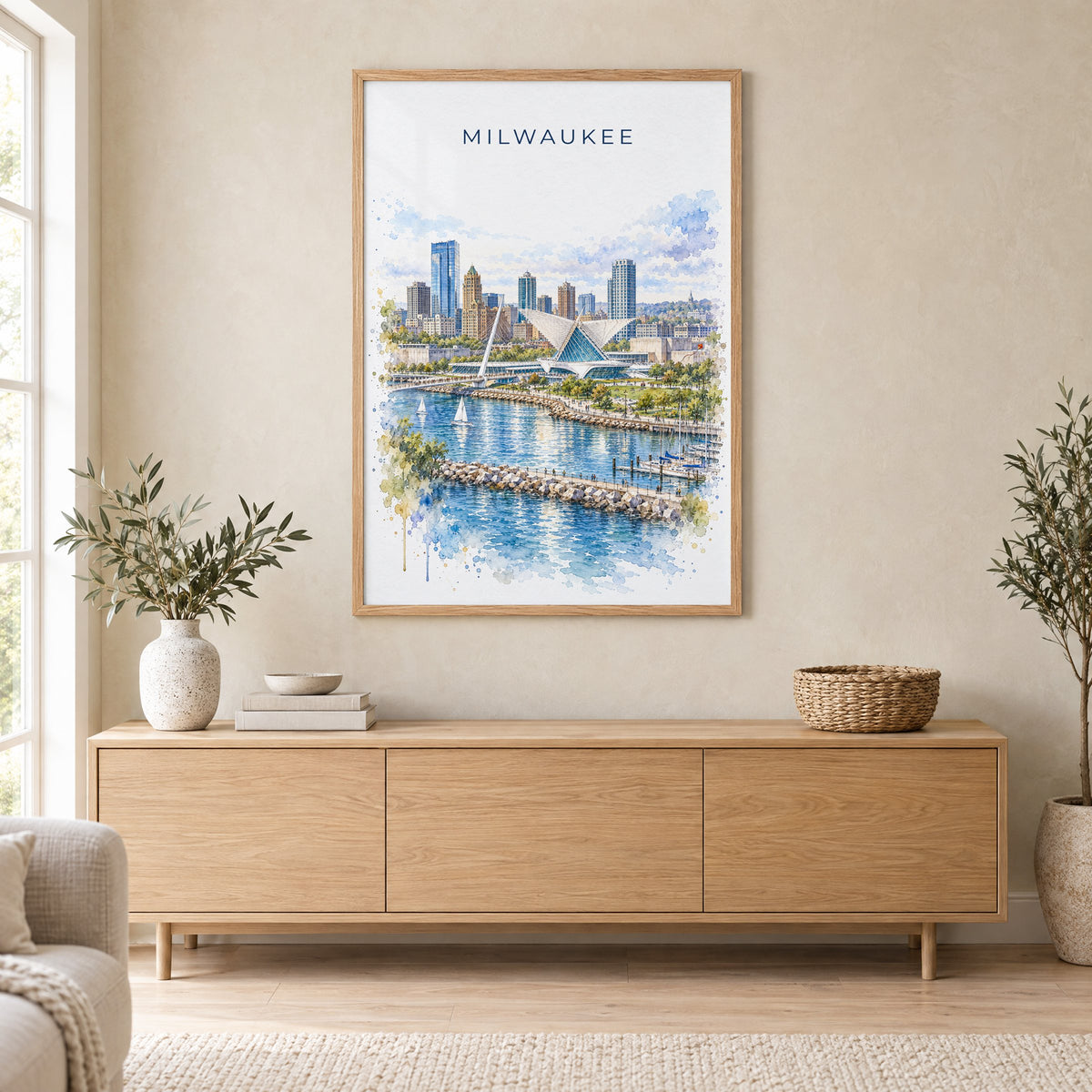 Milwaukee watercolor print in an oak frame above a light wood sideboard in a Scandinavian living room