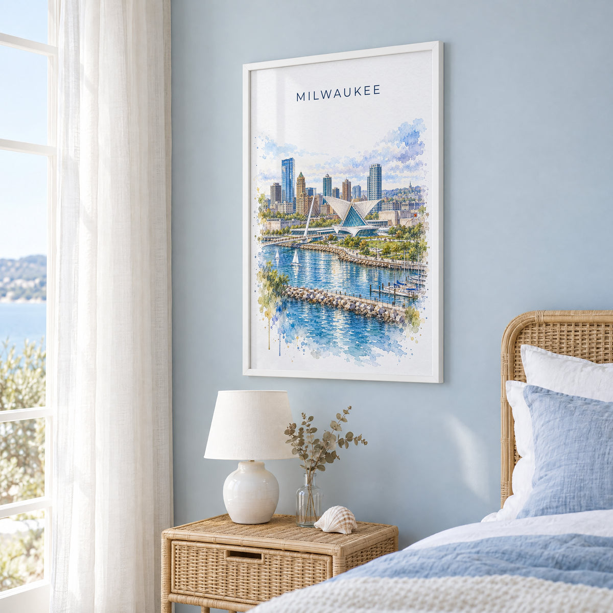 Milwaukee watercolor print in a white frame on a pale blue wall beside a rattan bed in a coastal bedroom