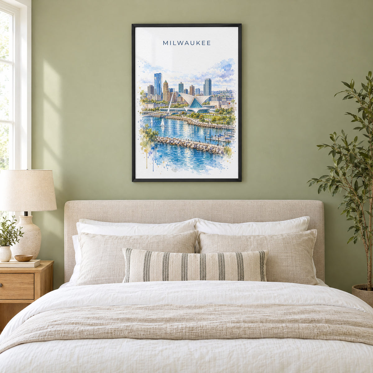 Milwaukee watercolor print in a black frame above an upholstered headboard in a sage green bedroom