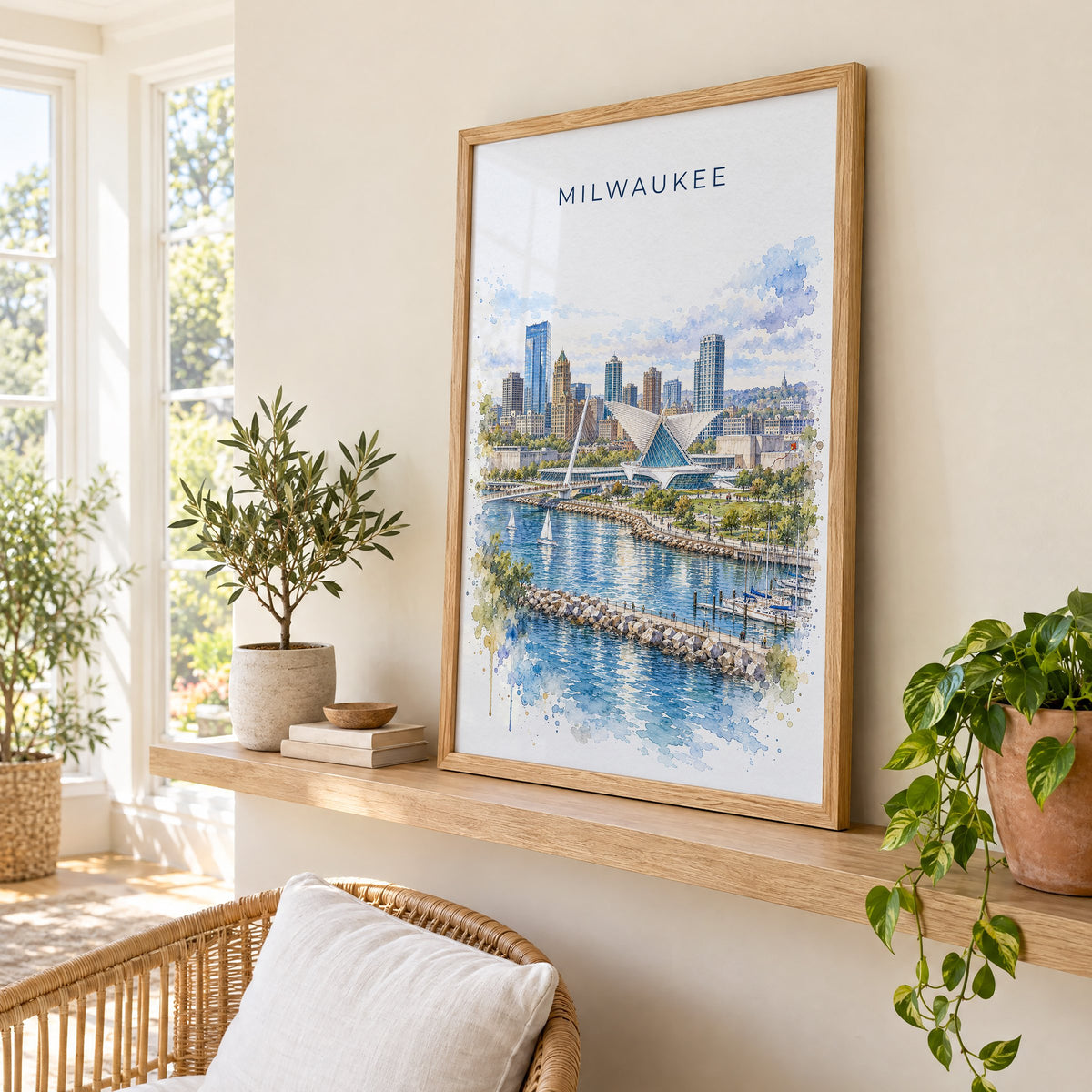 Milwaukee watercolor print in an oak frame on a picture ledge in a sunlit sunroom