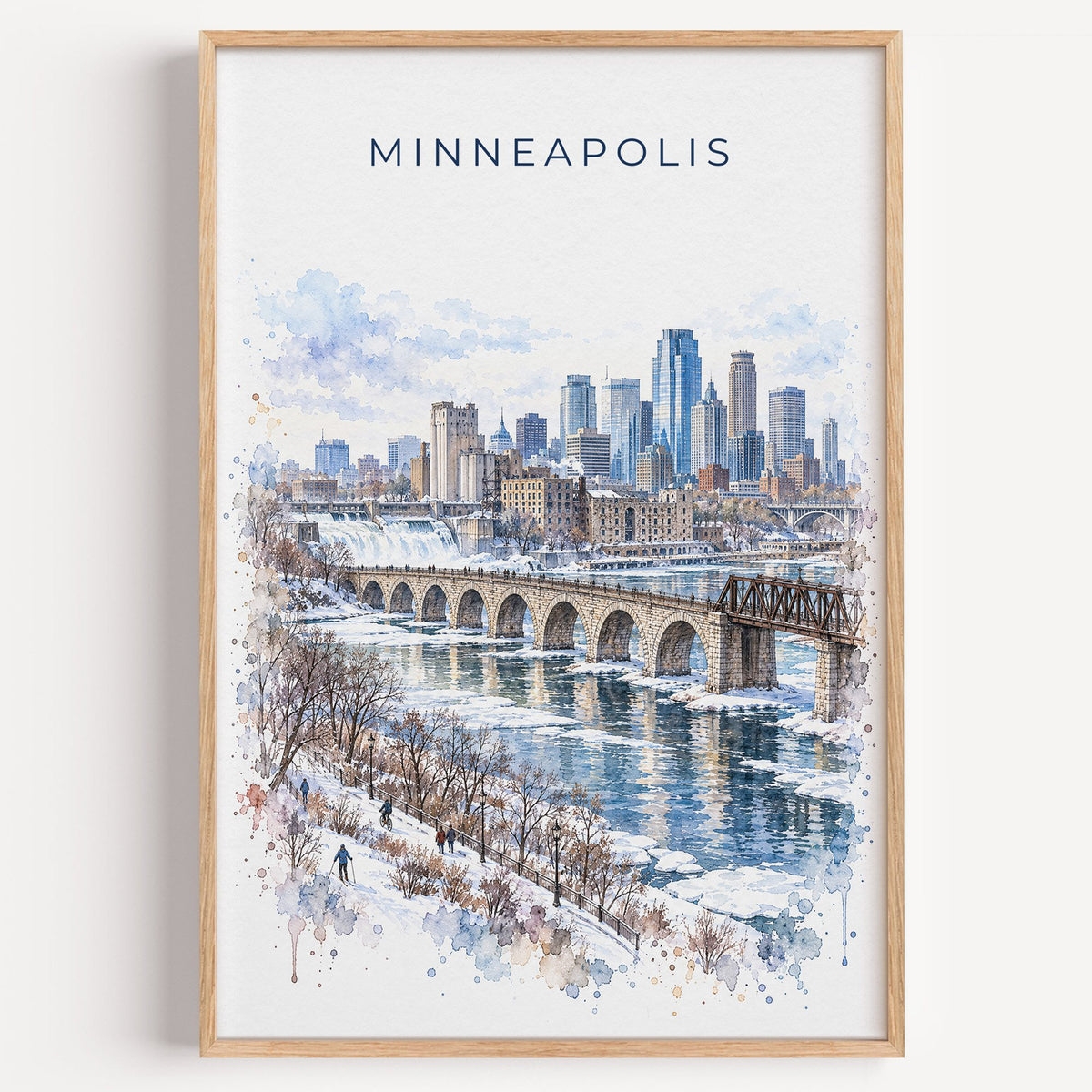 Minneapolis watercolor print in a light oak frame on a plain white wall