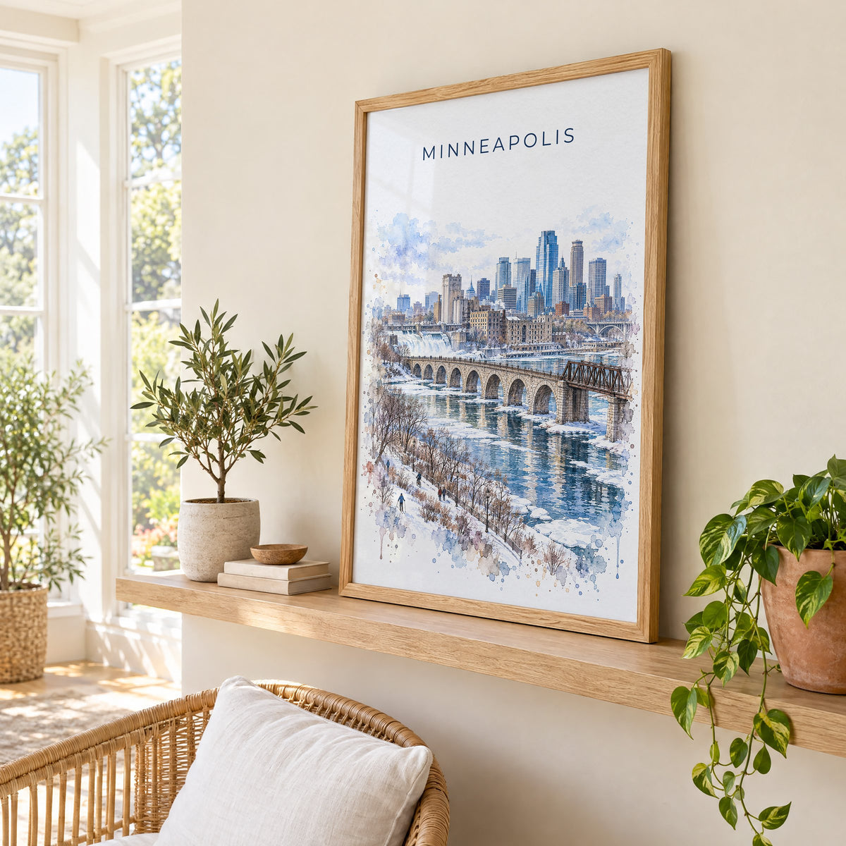 Minneapolis watercolor print in an oak frame on a picture ledge in a sunlit sunroom