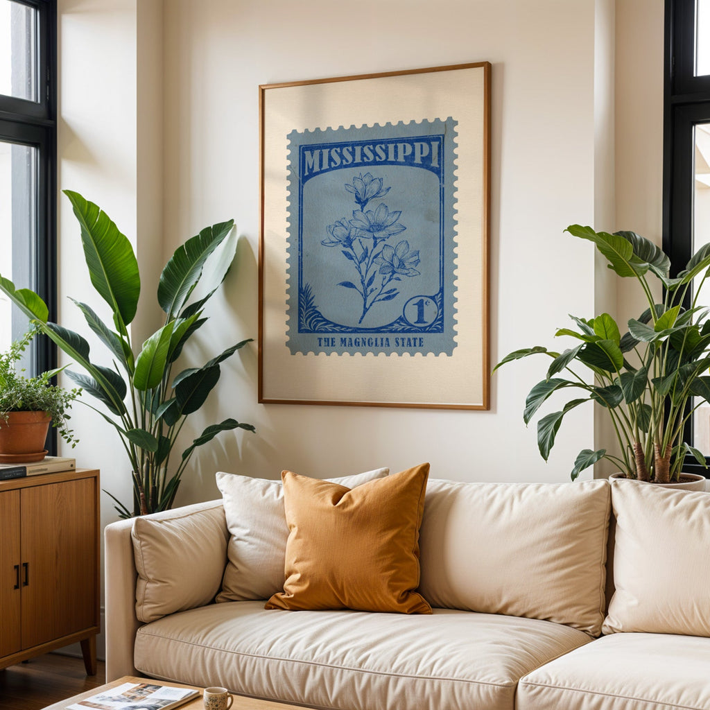 Mississippi state flower print framed above a cream sofa with an ochre cushion and large plants either side