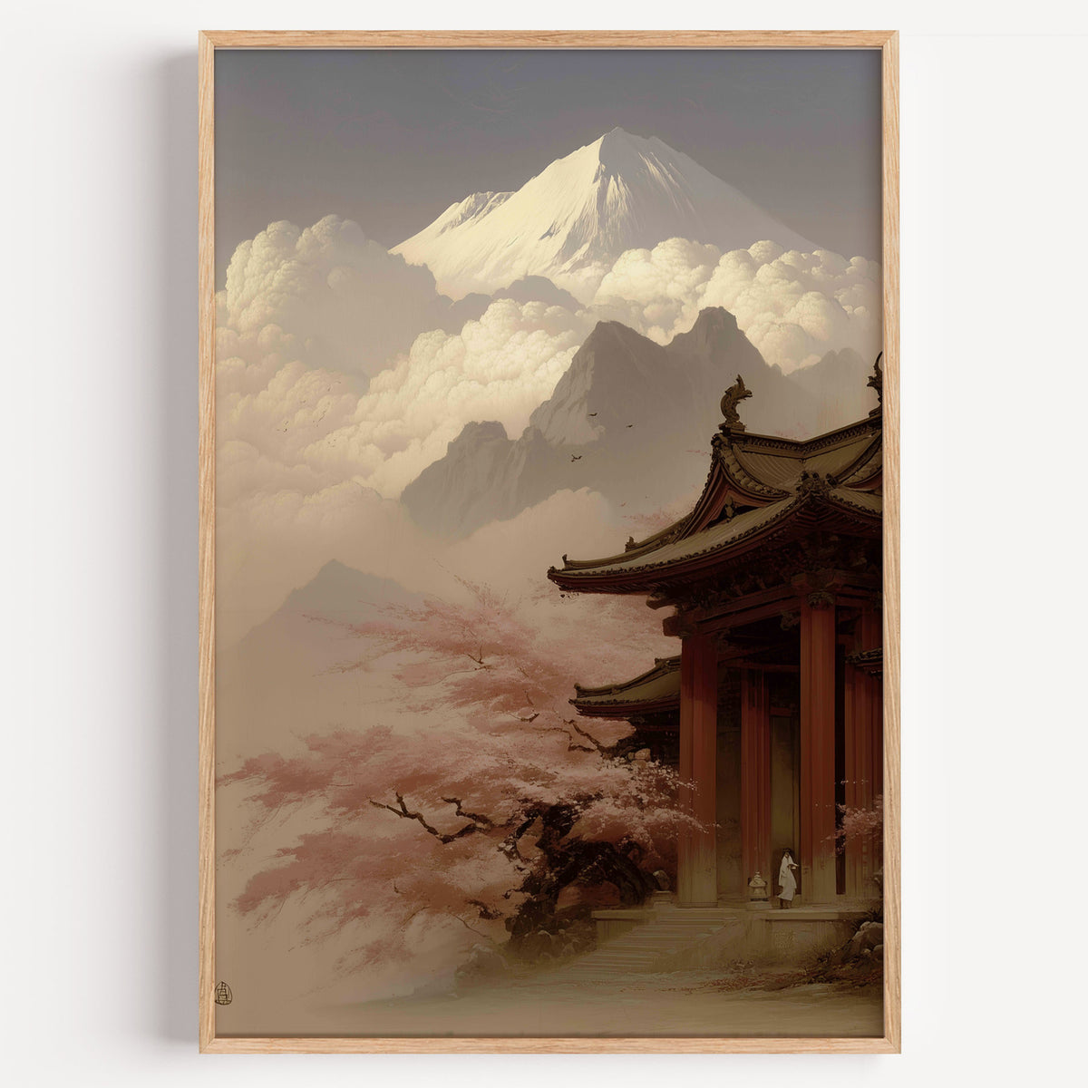 Misty sepia Mount Fuji temple print in a light oak frame on a plain white wall