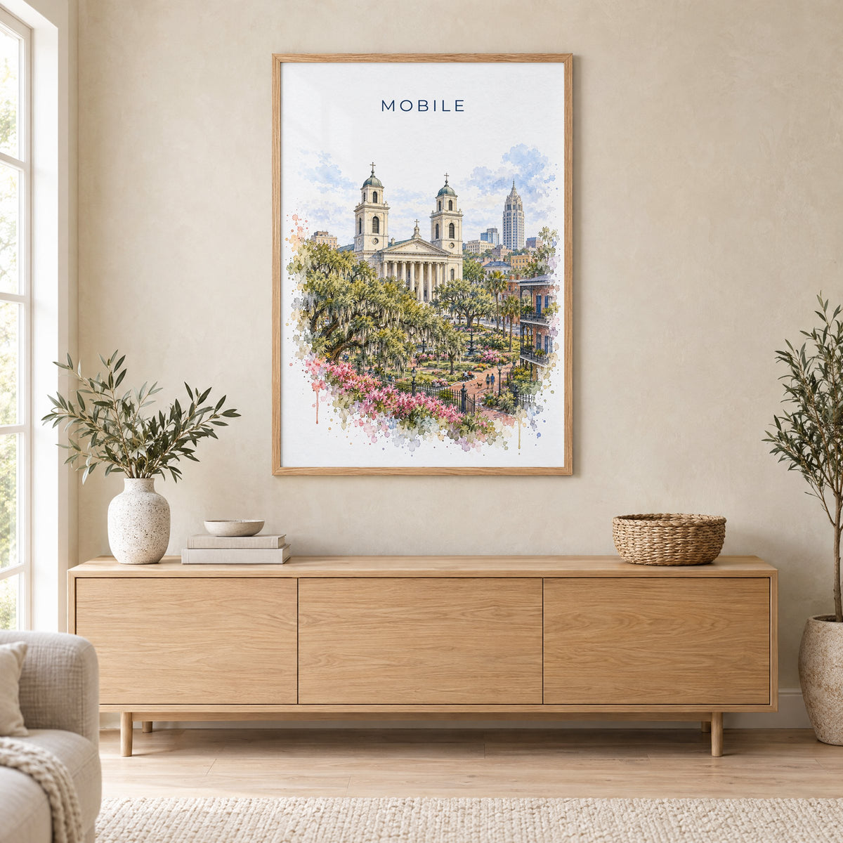 Mobile, Alabama watercolor print in an oak frame above a light wood sideboard in a Scandinavian living room