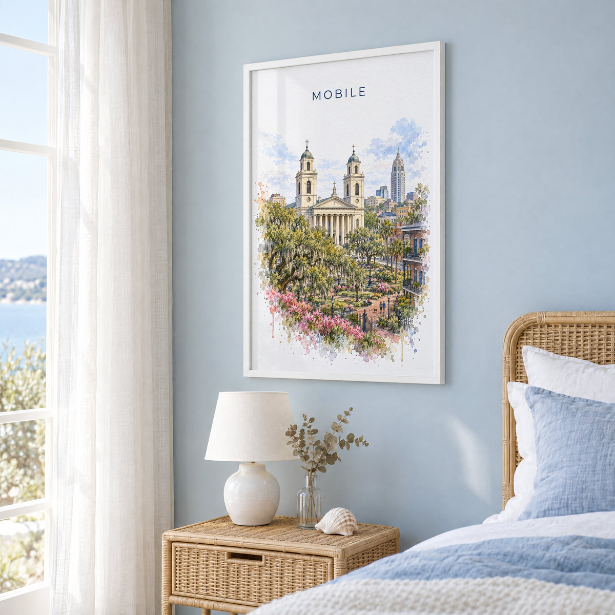 Mobile, Alabama watercolor print in a white frame on a pale blue wall beside a rattan bed in a coastal bedroom
