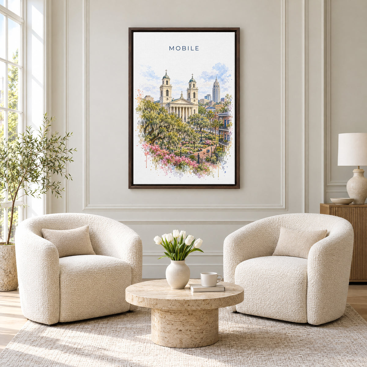 Mobile, Alabama watercolor print as an espresso floater canvas above two boucle armchairs in a hotel lounge