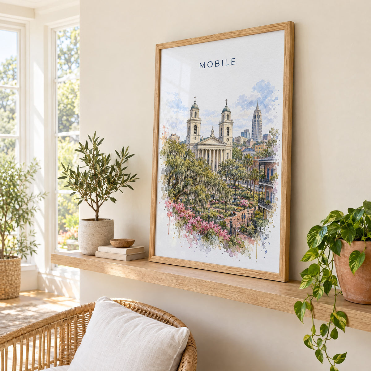 Mobile, Alabama watercolor print in an oak frame on a picture ledge in a sunlit sunroom
