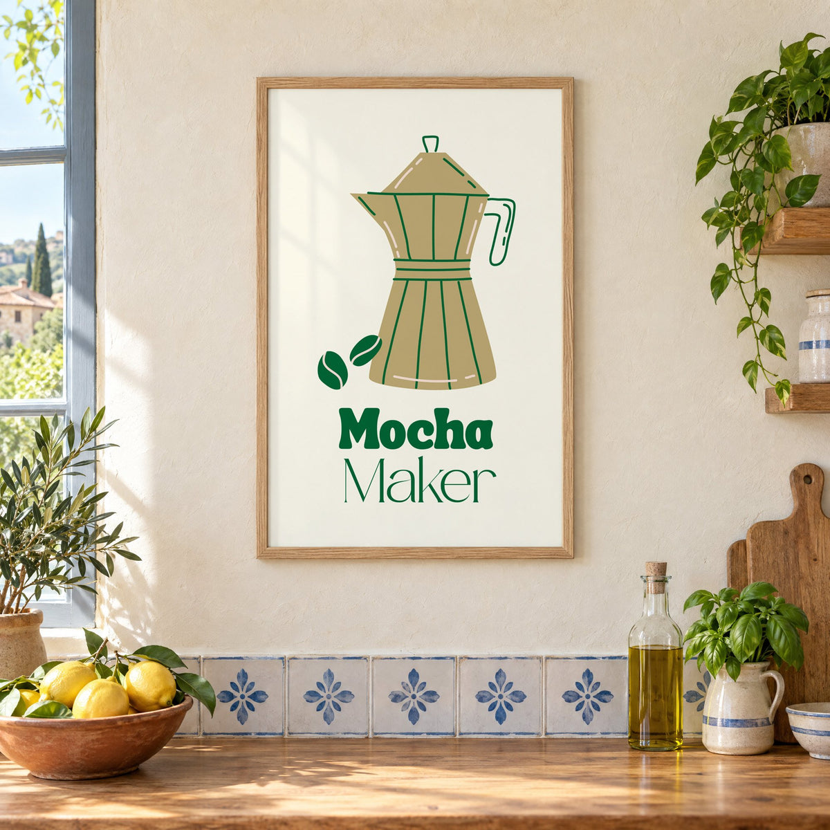 Mocha Maker gold moka pot and beans print in an oak frame on a cream plaster wall above a worktop with a bowl of lemons and blue-and-white tiles